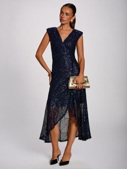 Jolie Moi V-Neck Sequin Maxi Dress, Midnight Navy, Midnight Navy