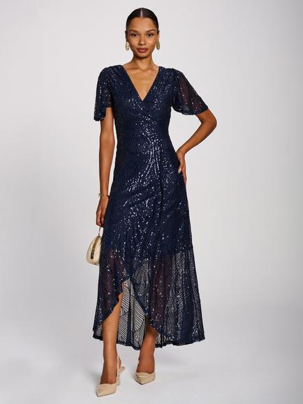 Jolie Moi Sequin Angel Sleeve Flare Hem Maxi Dress, Midnight Navy, Midnight Navy