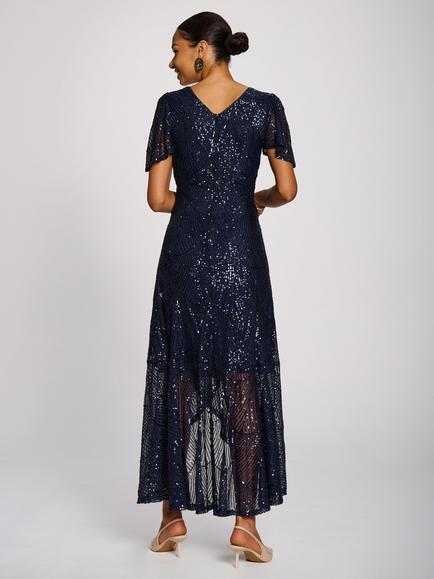 Jolie Moi Sequin Angel Sleeve Flare Hem Maxi Dress, Midnight Navy - view 2, Midnight Navy