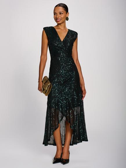 Jolie Moi V-Neck Sequin Maxi Dress, Emerald Green, Emerald Green