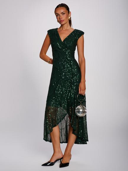 Jolie Moi V-Neck Sequin Maxi Dress, Dark Green, Dark Green