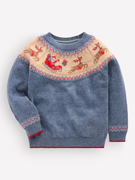 Mini Boden Kids' Santa's Sleight Fair Isle Jumper, Blue Marl, Blue Marl