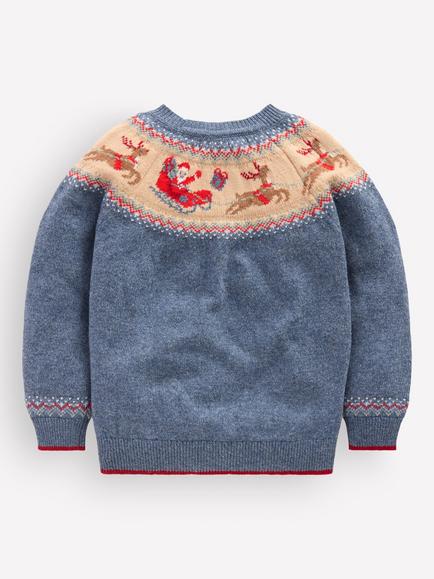 Mini Boden Kids' Santa's Sleight Fair Isle Jumper, Blue Marl - view 2, Blue Marl