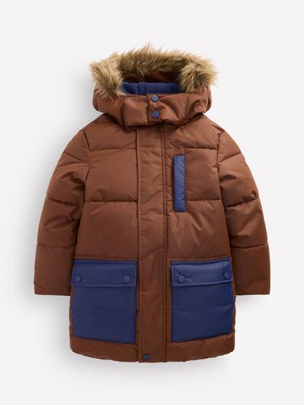 Mini Boden Kids' Fleece Lined Funnel Neck Padded Coat, Brown, Brown