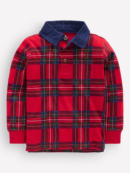 Mini Boden Kids' Long Sleeve Check Polo Shirt, Red, Red