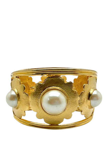 Pre-loved Vintage Pearl Floral Motif Cuff, Gold, Gold