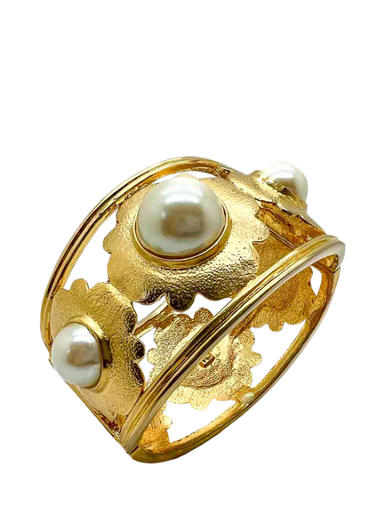 Pre-loved Vintage Pearl Floral Motif Cuff, Gold - view 2, Gold