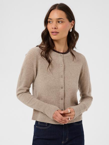 KAFFE Kacashie Wool Rich with Cashmere Crew Neck Cardigan, Beige Melange, Beige Melange