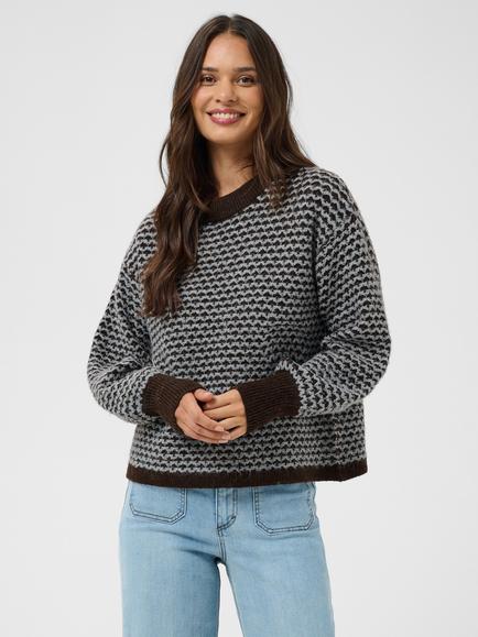 KAFFE Kamarlla Knitted Crew Neck Jumper, Coffee Bean/Grey, Coffee Bean/Grey