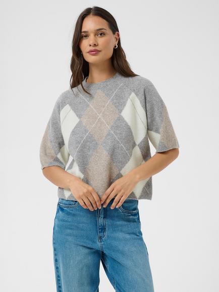 KAFFE Kawilla Knitted Short Sleeve Argyle Jumper, Grey/Chalk/Beige, Grey/Chalk/Beige