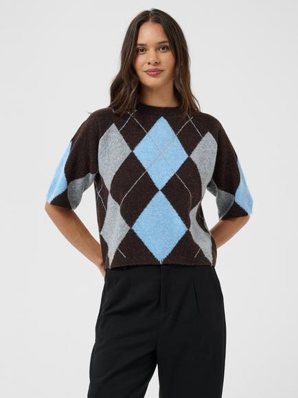 KAFFE Kawilla Knitted Short Sleeve Argyle Jumper, Coffee Bean/Grey, Coffee Bean/Grey M/B