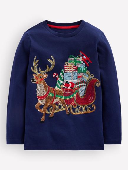 Mini Boden Kids' Glow In The Dark Reindeer Superstitch T-Shirt, Blue/Multi, Blue/Multi