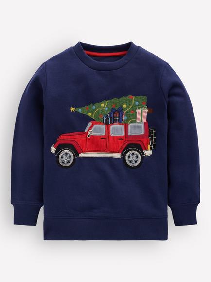 Mini Boden Kids' Christmas Tree Car Applique Sweatshirt, Blue/Multi, Blue/Multi