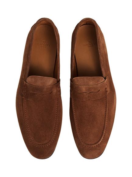 Hackett London Regal Saddle Suede Moccasin Shoes, Marine Blue - view 2, Sculpture Orange