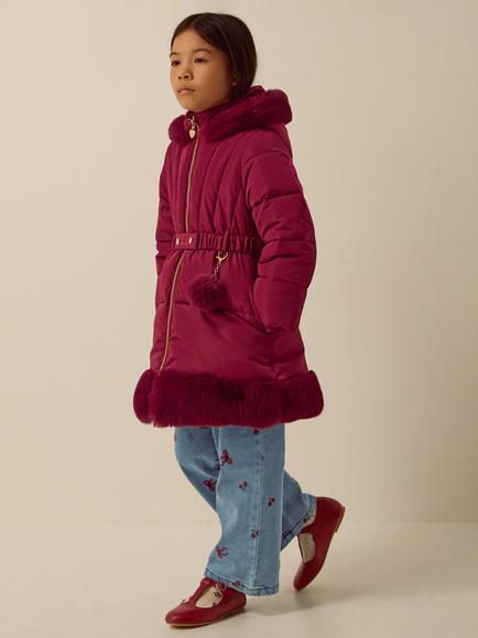 Monsoon Kids' Belted Faux Fur Padded Coat, Burgundy, Burgundy