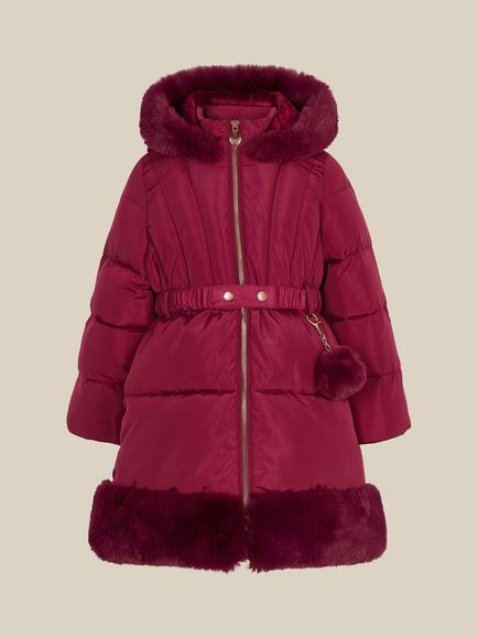 Monsoon Kids' Belted Faux Fur Padded Coat, Burgundy - view 2, Burgundy