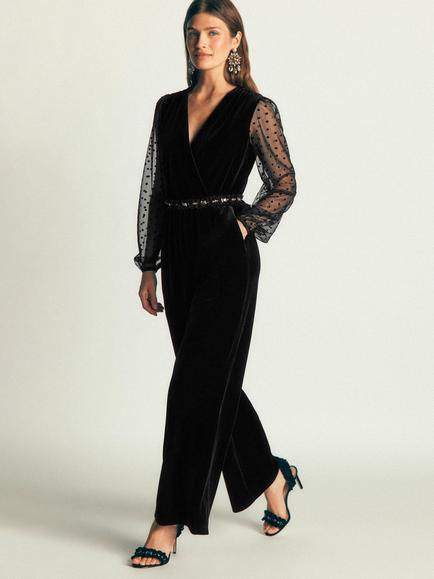 Boden Velvet Tulle Polka Dot Sleeve Jumpsuit, Black, Black