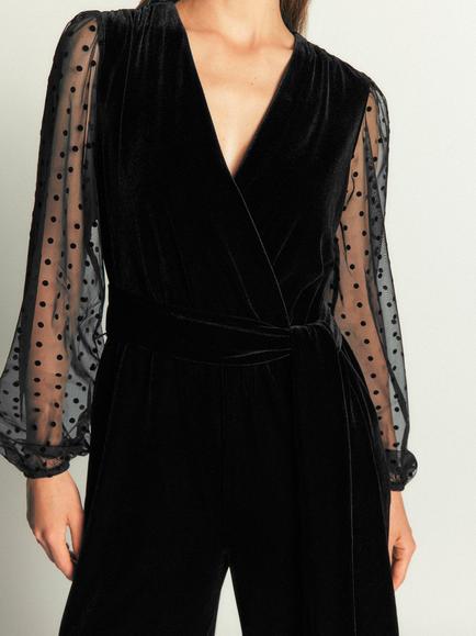 Boden Velvet Tulle Polka Dot Sleeve Jumpsuit, Black - view 2, Black