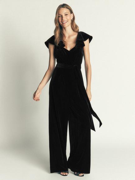 Boden Ruffle Velvet Jumpsuit, Black, Black