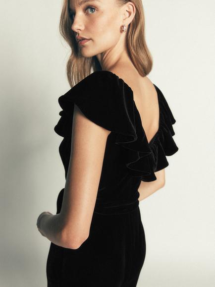 Boden Ruffle Velvet Jumpsuit, Black - view 2, Black
