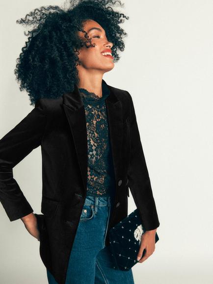 Boden Stamford Floral Velvet Blazer, Black, Black