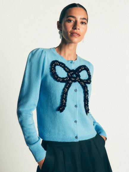 Boden Bow Embellished Cardigan, Blue, Blue