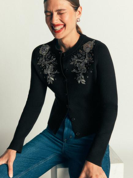 Boden Embellished Fluffy Jacquard Jacket, Black, Black