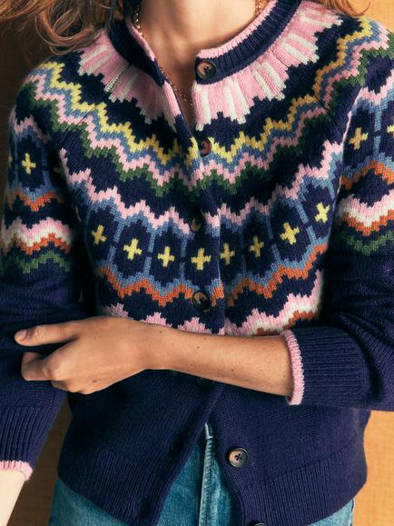 Boden Fair Isle Cardigan, Navy - view 2, Navy
