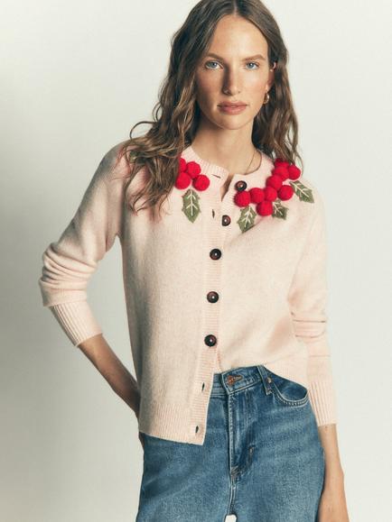 Boden Mae Holly and Berries Cardigan, Ivory/Multi, Ivory/Multi