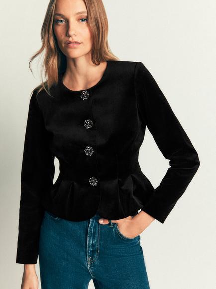 Boden Velvet Fitted Waist Jacket, Black - view 2, Black