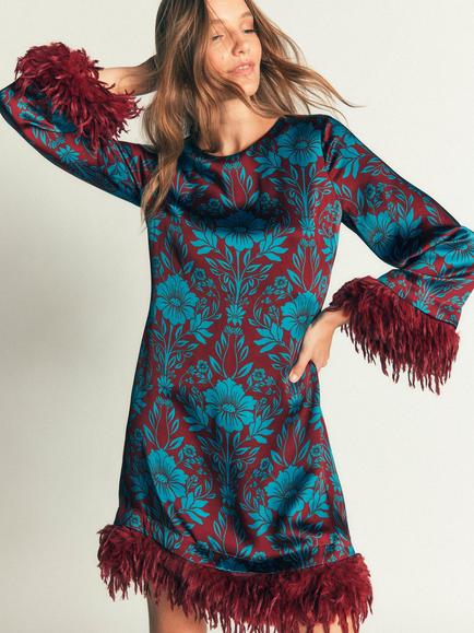 Boden Faux Feather Trim Floral Satin Dress, Crystal Teal, Crystal Teal