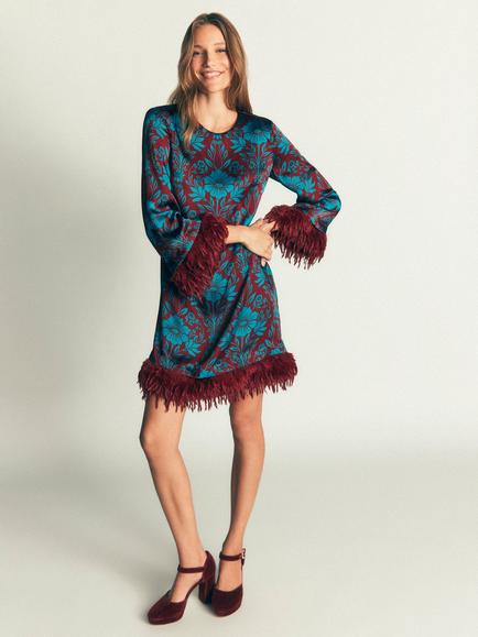 Boden Faux Feather Trim Floral Satin Dress, Crystal Teal - view 2, Crystal Teal