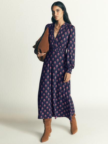 Boden Georgia Smocked Patterned Midi Dress, Navy/Multi, Navy/Multi