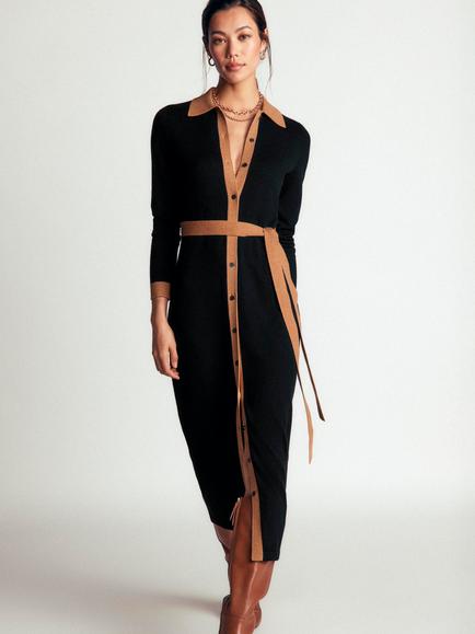 Boden Jessica Contrast Trim Shirt Dress, Black/Tan, Black/Tan