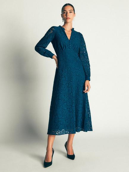 Boden Ruffled Neck Lace Tea Dress, Deep Aurora Blue, Deep Aurora Blue