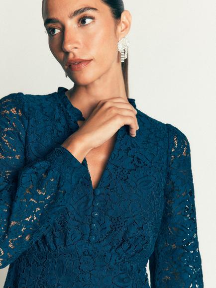 Boden Ruffled Neck Lace Tea Dress, Deep Aurora Blue - view 2, Deep Aurora Blue