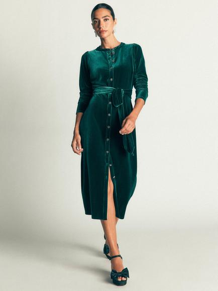Boden Honour Column Velvet Midi Dress, Emerald Night, Emerald Night