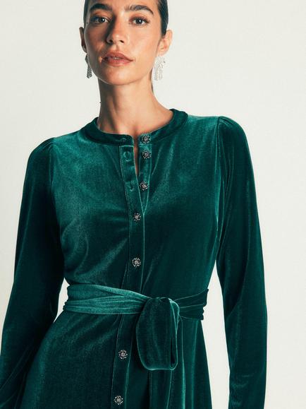 Boden Honour Column Velvet Midi Dress, Emerald Night - view 2, Emerald Night