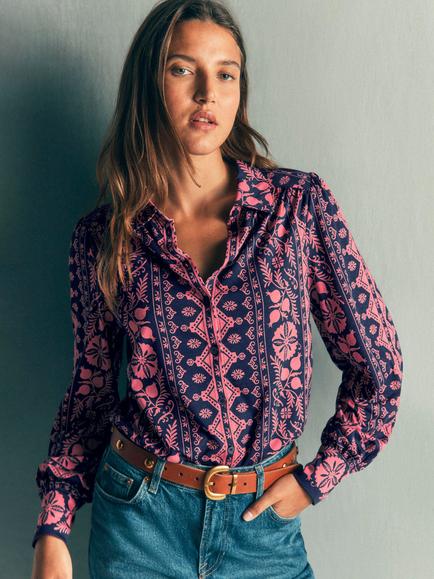 Boden Collared Printed Jersey Shirt, Navy Charmed Foliage, Navy Charmed Foliage