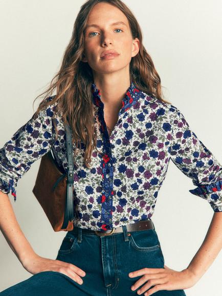Boden Sienna Floral Frill Shirt, Cream/Multi, Cream/Multi