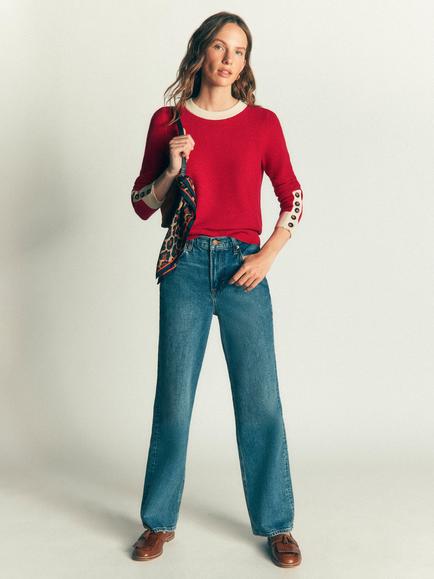 Boden Button Sleeve Colour Block Jumper, Poppy Red/Ivory, Poppy Red/Ivory