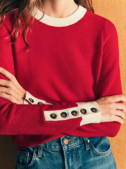 Boden Button Sleeve Colour Block Jumper, Poppy Red/Ivory - view 2, Poppy Red/Ivory