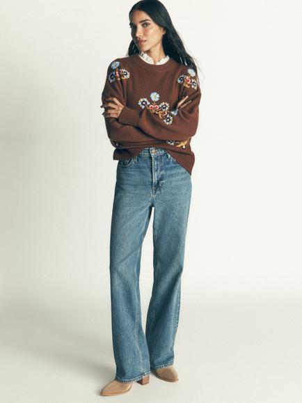 Boden Ella Floral Embroidered Knit Jumper, Raw Umber, Raw Umber