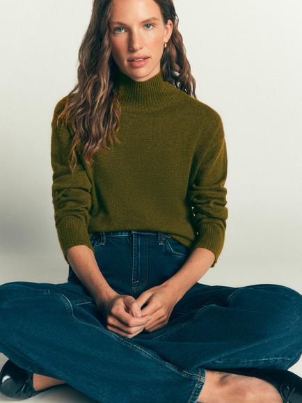 Boden High Neck Long Merino Woo Jumper, Ochre Green, Ochre Green