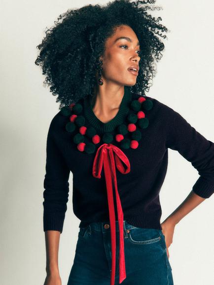 Boden Mae Bow and Berries Jumper, Navy, Navy