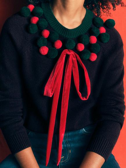 Boden Mae Bow and Berries Jumper, Navy - view 2, Navy