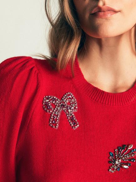 Boden Ria Embellished Knit Jumper, Red - view 2, Red