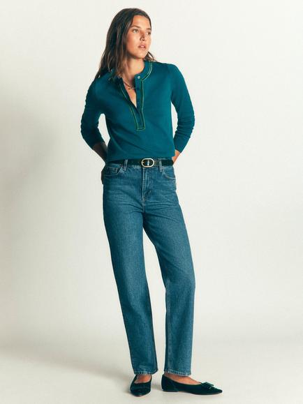 Boden Violet Velvet Trim Henley Jumper, Ink Blue, Ink Blue