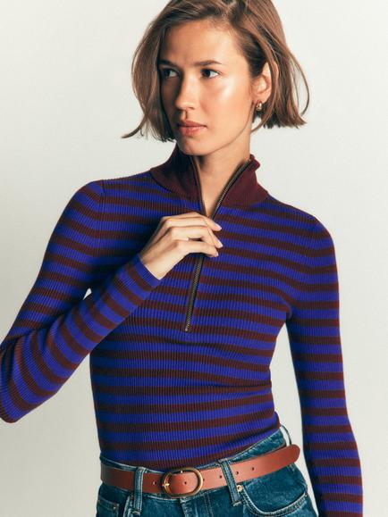 Boden Zelda Cotton Rich Striped Half Zip Jumper, Bright Blue, Bright Blue