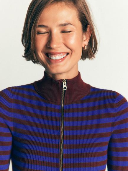 Boden Zelda Cotton Rich Striped Half Zip Jumper, Bright Blue - view 2, Bright Blue